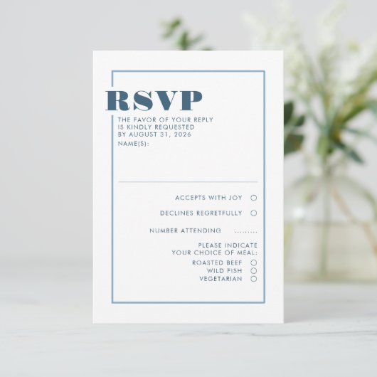 ダスティブルーミニマリストウェディングRSVP 出欠カード (スタンド正面)