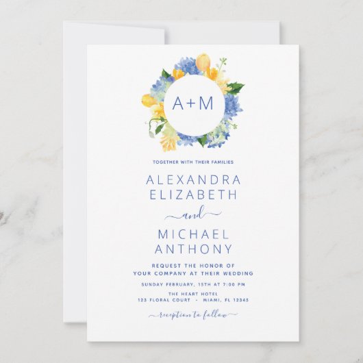 ダスティブルーミニマリストモダンモノグラムエレガント 招待状 (正面)