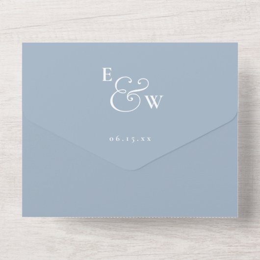 ダスティブルーミニマリストモノグラムQRコード結婚ズ オールインワン招待状 (裏面)