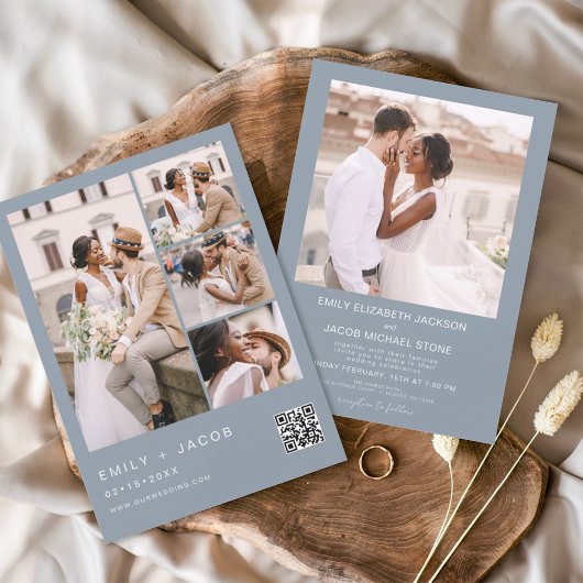 ダスティブルーミニマリスト写真QRコードホワイト結婚ズ 招待状