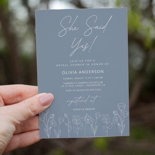 ダスティブルーミニマルフローラブライダルシャワー招待 招待状