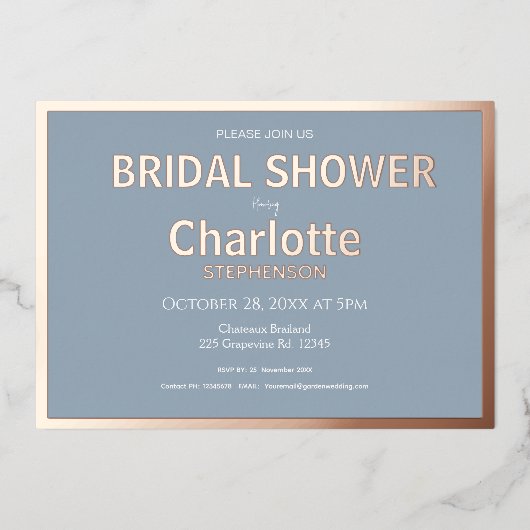 ダスティブルーミニマル金ゴールドブライダルシャワー 箔招待状 (正面)