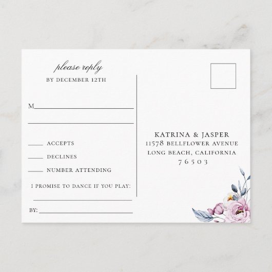 ダスティブルーメイヴフローラRSVPソングの選択 インビテーションポストカード (裏面)