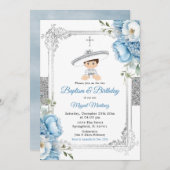 ダスティブルーメキシカンバプテスマ&誕生日シルバー 招待状 (正面/裏面)
