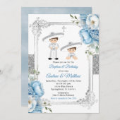 ダスティブルーメキシコ兄弟姉妹ボーイズバプテスマ誕生日 招待状 (正面/裏面)