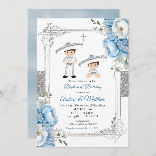ダスティブルーメキシコ兄弟姉妹ボーイズバプテスマ誕生日 招待状 (正面/裏面)