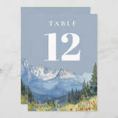 ダスティブルーモダンウォーター色マウンテンテーブル番号 招待状 (正面/裏面)