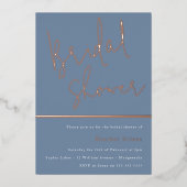 ダスティブルーモダンエレガントブライダルシャワーバラ金ゴールド 箔招待状 (正面)