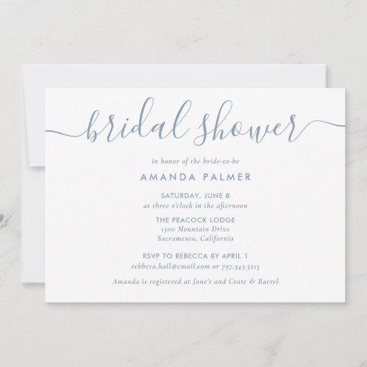 ダスティブルーモダンスクリプトブライダルシャワー 招待状 (正面)