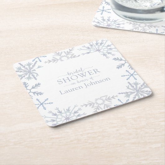 ダスティブルーモダンスノーフレークウィンターブライダルシャワー スクエアペーパーコースター (アングル)