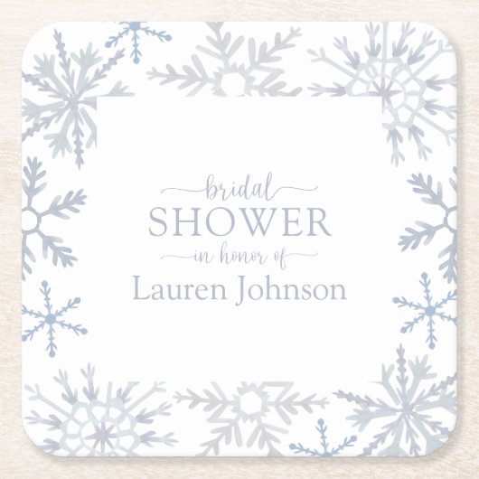 ダスティブルーモダンスノーフレークウィンターブライダルシャワー スクエアペーパーコースター (正面)