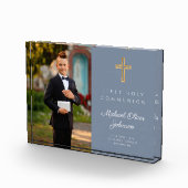 ダスティブルーモダンファースト聖餐式ボーイ写真 フォトブロック (右)