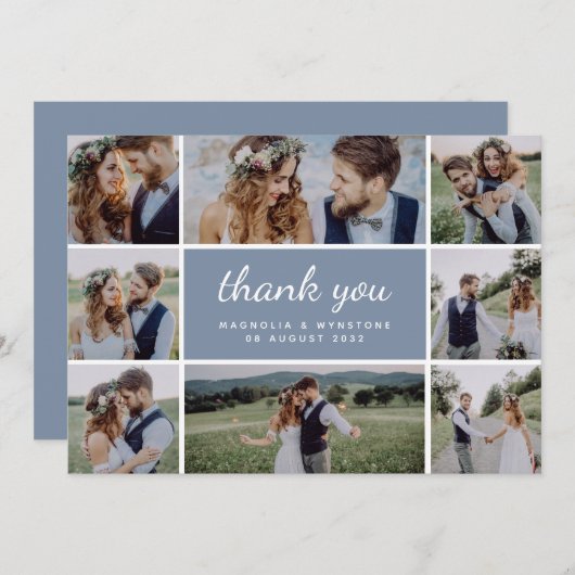 ダスティブルーモダンフォトコラージュ結婚ズ サンキューカード (正面/裏面)