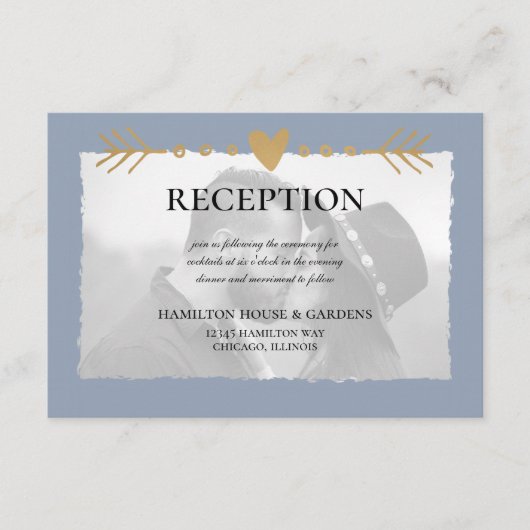 ダスティブルーモダンフォト金ゴールドハート披露宴 エンクロージャーカード (正面)
