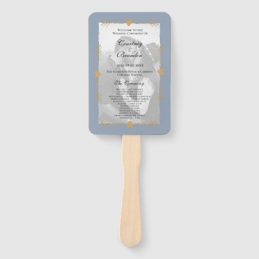 ダスティブルーモダンフォト金ゴールドハート結婚式 プログラム ハンドファン (正面)