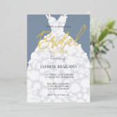 ダスティブルーモダンフローラガウンブライダルシャワー金ゴールド 箔招待状 (立ち正面)