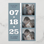 ダスティブルーモダンミニマはっきりしたリスト日付3 箔招待状 (正面)