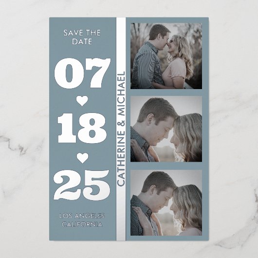 ダスティブルーモダンミニマはっきりしたリスト日付3 箔招待状 (正面)