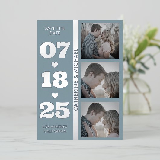 ダスティブルーモダンミニマはっきりしたリスト日付3 箔招待状 (立ち正面)