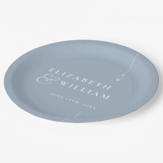 ダスティブルーモダンミニマリスト結婚モノグラム ペーパープレート (アングル)