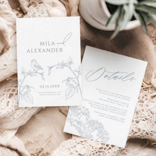 ダスティブルーモダンヴィンテージ結婚フローラ詳細 エンクロージャーカード