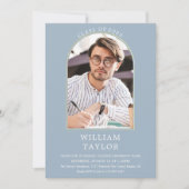 ダスティブルーモダン金ゴールドアーチ写真卒業パーティー 招待状 (正面)