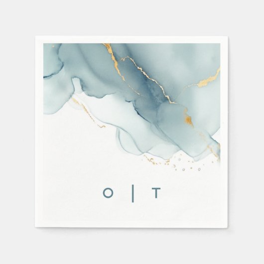 ダスティブルーモダン金ゴールドティール（緑がかった色）モノグラムビーチ結婚式 スタンダードカクテルナプキン (正面)