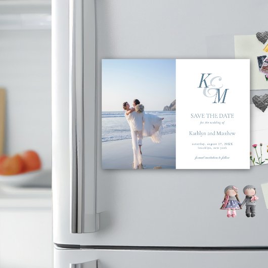 ダスティブルーモノグラムエレガントクラシック日付の保存 マグネット招待状