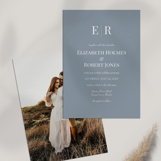 ダスティブルーモノグラムカスタムフォト結婚ズ 招待状