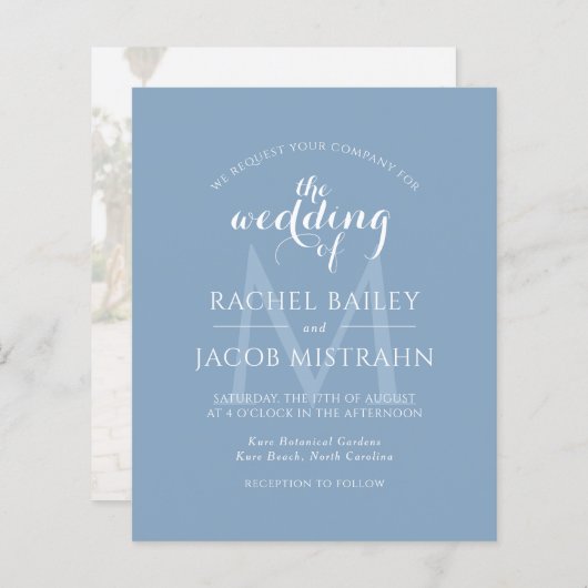 ダスティブルーモノグラムフォト結婚式招待状 (正面/裏面)