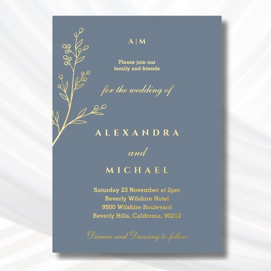 ダスティブルーモノグラムボタニカルミニマル金ゴールド 箔招待状
