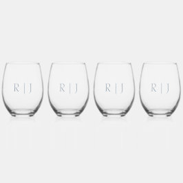 ダスティブルーモノグラムミニマルの結婚贈り物のお願い ステムなしワイングラス