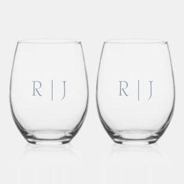 ダスティブルーモノグラムミニマルイニシャル結婚ズ ステムなしワイングラス