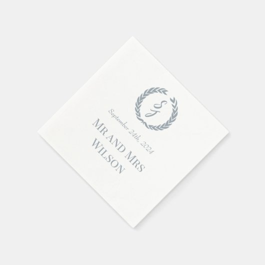 ダスティブルーモノグラムリースホワイトディナーカクテル スタンダードカクテルナプキン (角)