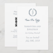 ダスティブルーモノグラムリース日付カードの保存 招待状 (正面/裏面)