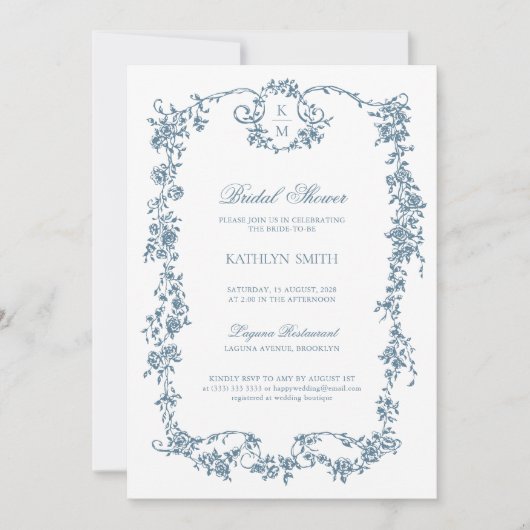 ダスティブルーモノグラムヴィンテージエレガントブライダルシャワー 招待状 (正面)