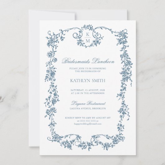 ダスティブルーモノグラムヴィンテージブリデスメイドランチョン 招待状 (正面)