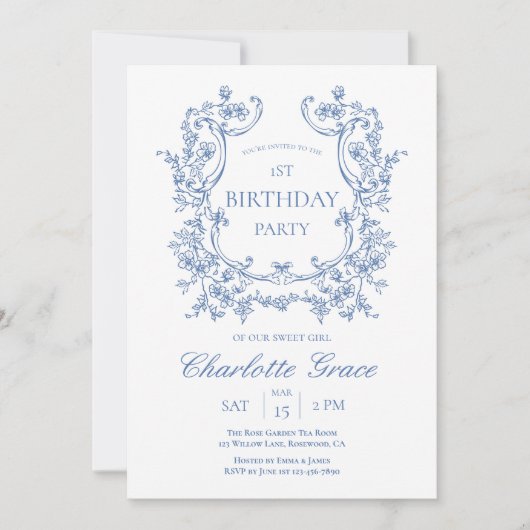 ダスティブルーモノグラムヴィンテージ誕生日招待状 サンキューカード (正面)