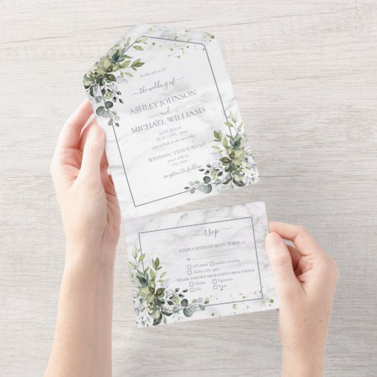 ダスティブルーユエレガントーカリプトゥスグリーンリーマーブル オールインワン招待状 (貼ってはがせる)