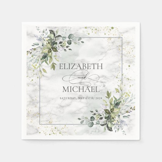 ダスティブルーユエレガントーカリプトゥスグリーンリーマーブル スタンダードカクテルナプキン (正面)