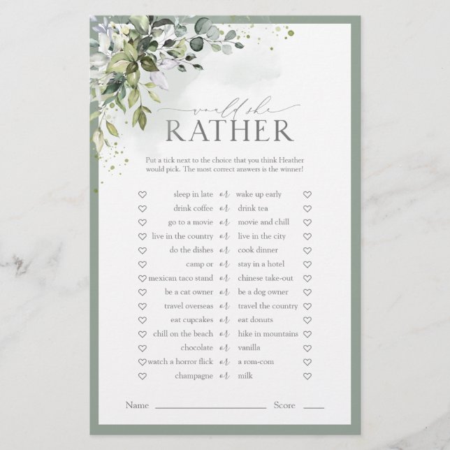 ダスティブルーユーカリフローラブライダルシャワーゲーム (正面)