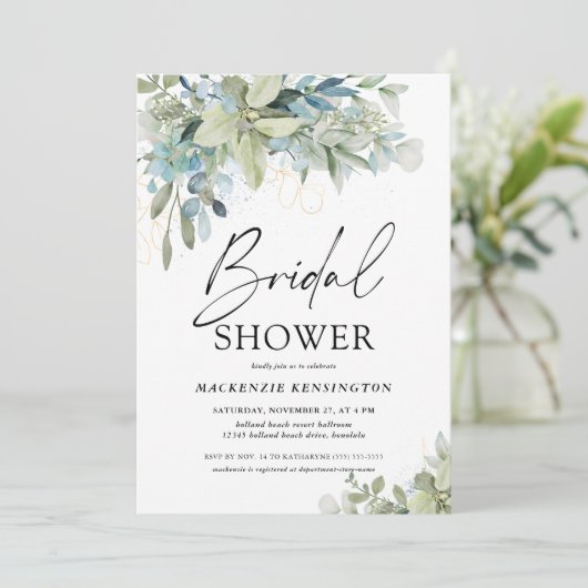 ダスティブルーユーカリプタススクリプトブライダルシャワー 招待状 (スタンド正面)
