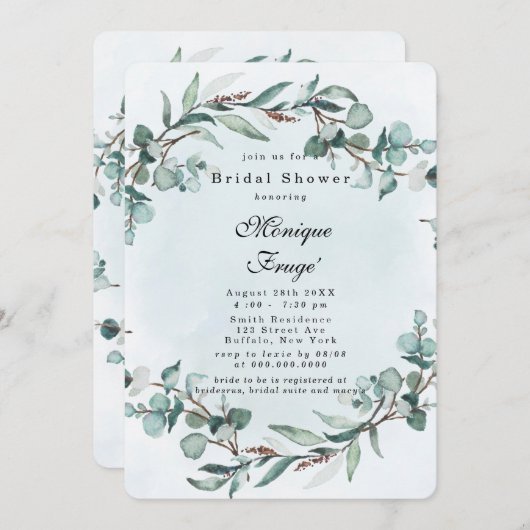 ダスティブルーユーカリプトゥスグリーンリーブライダルシャワー 招待状 (正面/裏面)