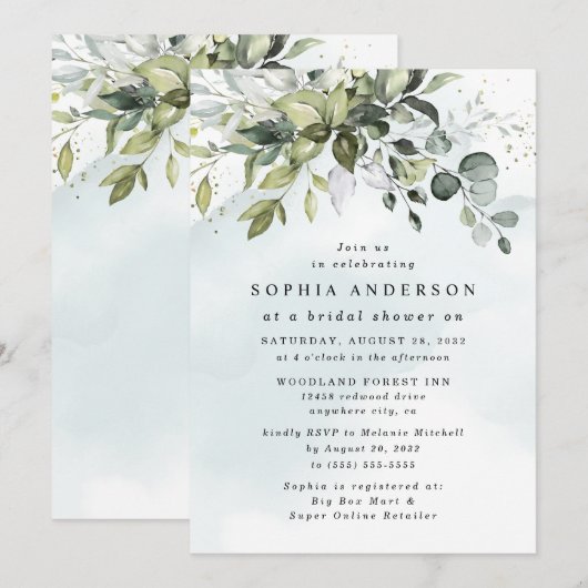 ダスティブルーユーカリプトゥスグリーンリーボホブライダルシャワー 招待状 (正面/裏面)