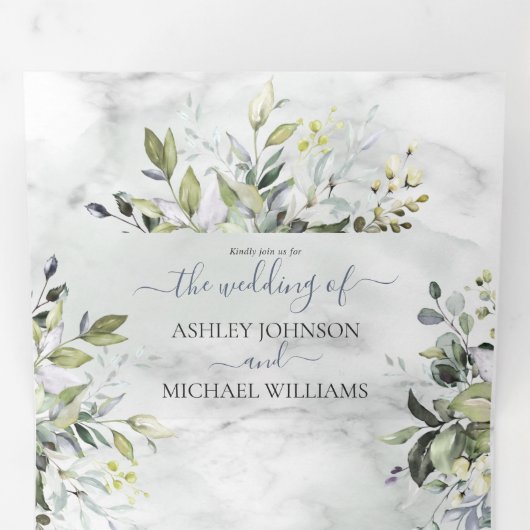 ダスティブルーユーカリプトゥスグリーンリー植物大理石 三つ折り招待状 (内部最初)