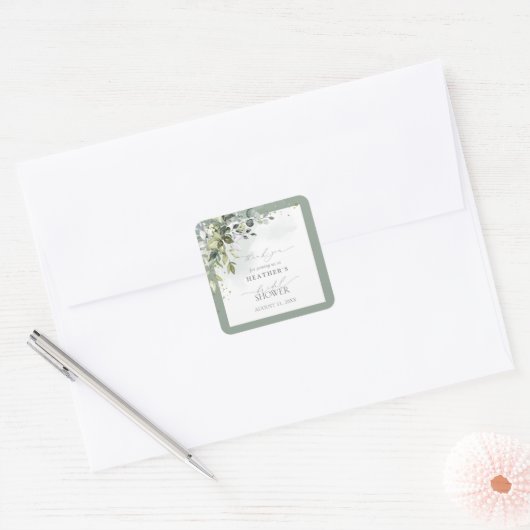 ダスティブルーユーカリプトゥスボタニカルブライダルシャワー スクエアシール (封筒)