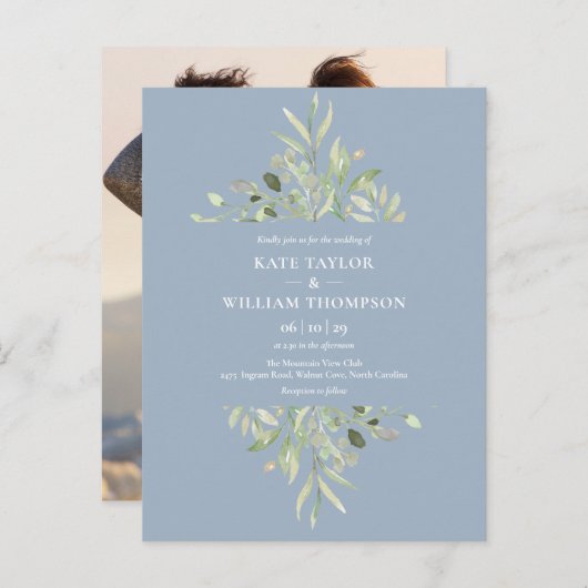 ダスティブルーユーカリ結婚グリーンの写真 インビテーションポストカード (正面/裏面)