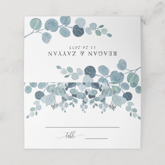 ダスティブルーユーカリ結婚グリーン プレイスカード (外部開封)
