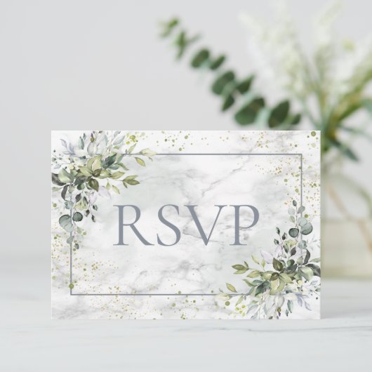ダスティブルーユーカリ緑の大理石NoメニューRSVP 出欠カード (スタンド正面)