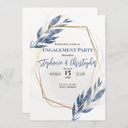 ダスティブルーユーカリ金ゴールドフローラ婚約 招待状 (正面/裏面)